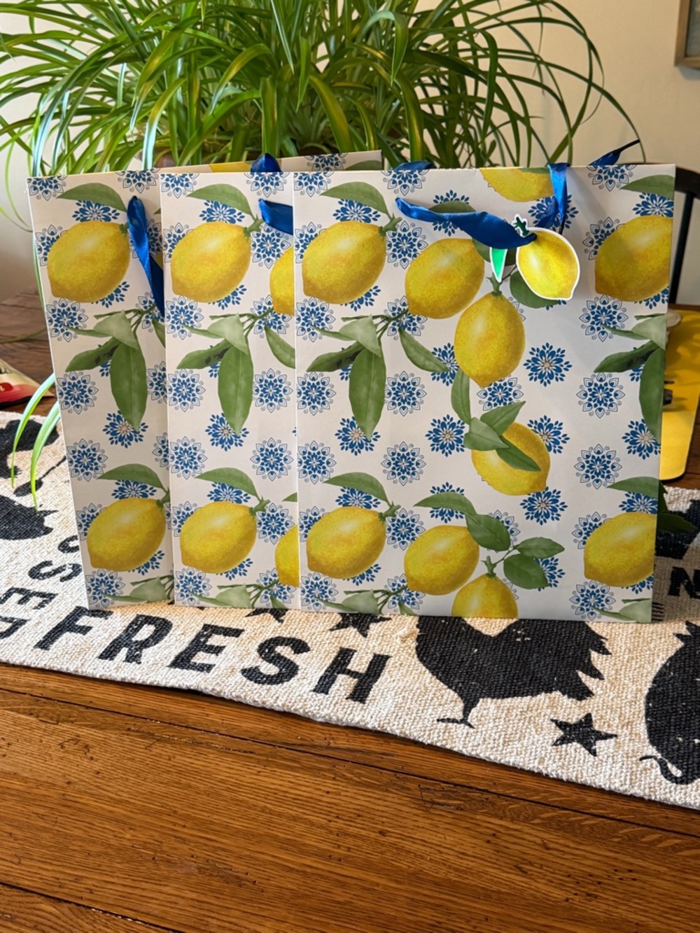 Lemon Pattern Gift Bags with Blue Ribbon Handles - Set of 3